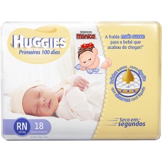 Fralda Huggies Primeiros 100 Dias Tamanho Recém Nascido (RN) 18 Unidades Peso Indicado Até 4kg