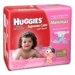 Fralda Huggies Turma da Mônica Supreme Care Soft Touch Menina Tamanho XG Jumbo 16 Unidades Peso Indicado 12 - 15kg