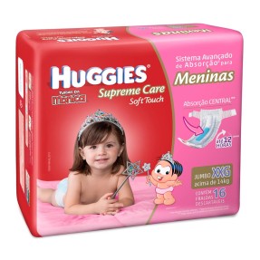 Fralda Huggies Turma da Mônica Supreme Care Soft Touch Menina Tamanho XXG Jumbo 16 Unidades Peso Indicado +14kg