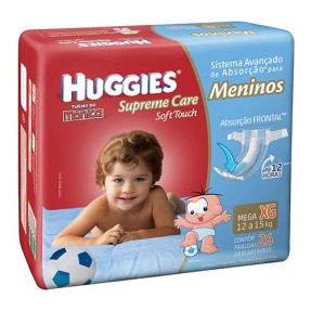 Fralda Huggies Turma da Mônica Supreme Care Soft Touch Menino Tamanho XG Mega 26 Unidades Peso Indicado 12 - 15kg